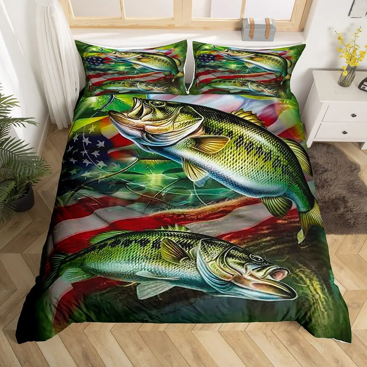 Pike Fish Bedding Striped Bass Big Pattern Hunting and Fishing Themed Duvet Cover for Kids Boys BedRoom Decorations for Teens