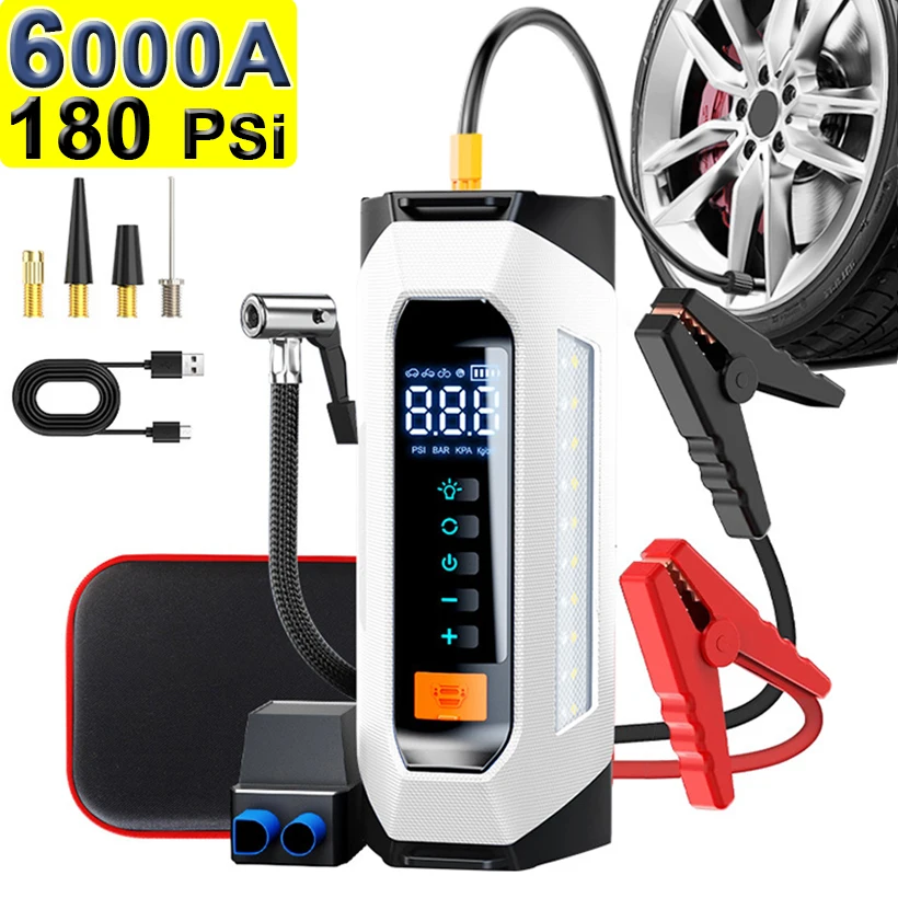 6000A 180psi 5 In1 Car Emergency Battery Pack Light 12v car jump starter jump starter Booster Starting Device Capacitor Compressor Jump Starter With Air Pump