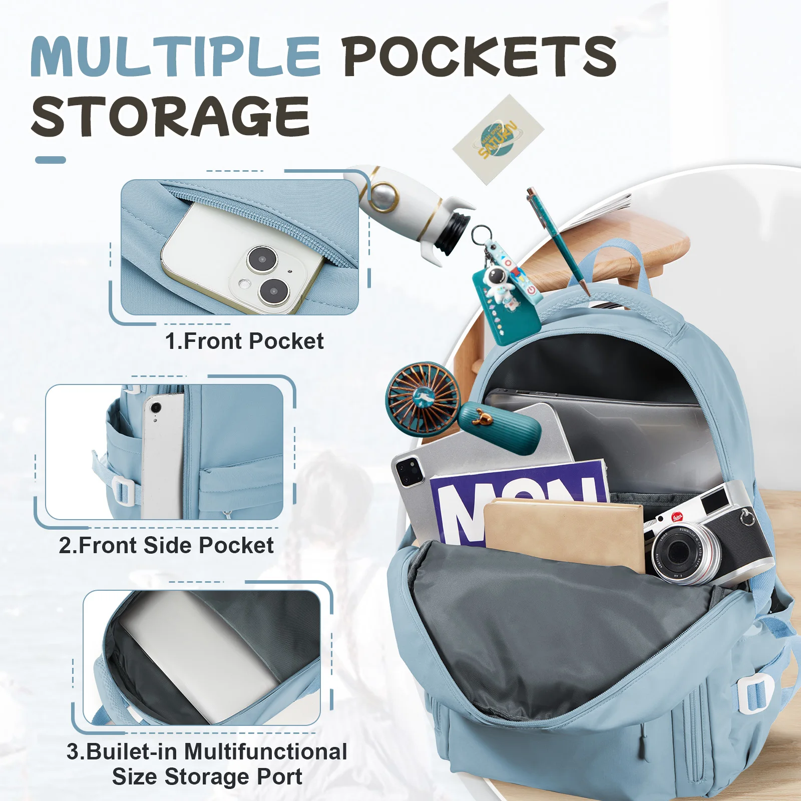 Anti-Theft Casual Travel Backpack for Women，Multi-Pocket Design in Light Blue Durable for School，High School and College Bookbag