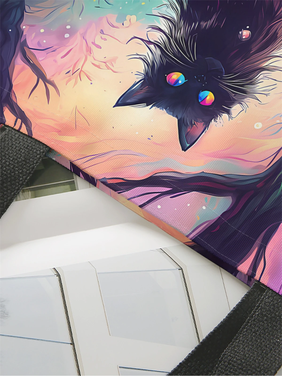 1pc,Black Forest cat handbag, reusable fashionable handbag, multifunctional handbag, printed canvas shopping bag