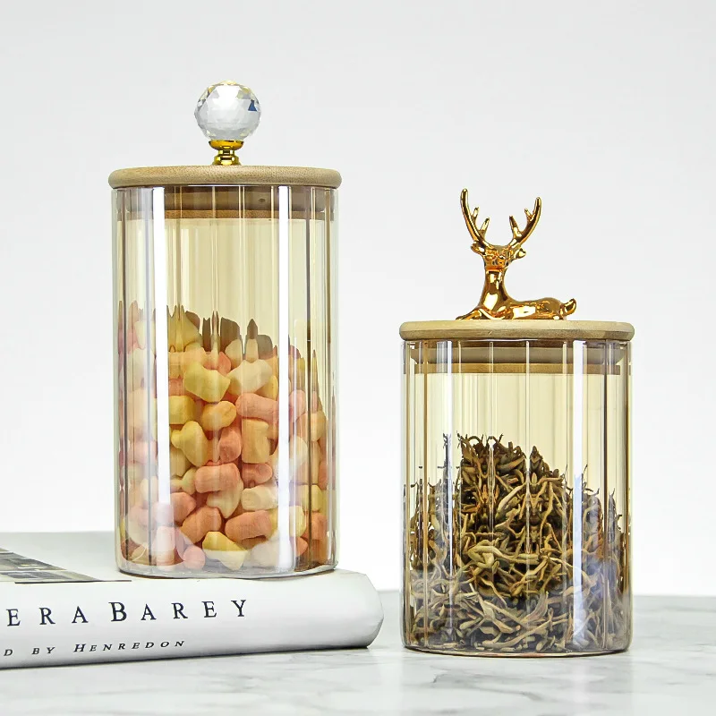 Nordic Transparent Glass Jar High Borosilicate Glass Grain Storage Jar Golden Deer Head Bamboo Cover Dried Fruit Storage Jar