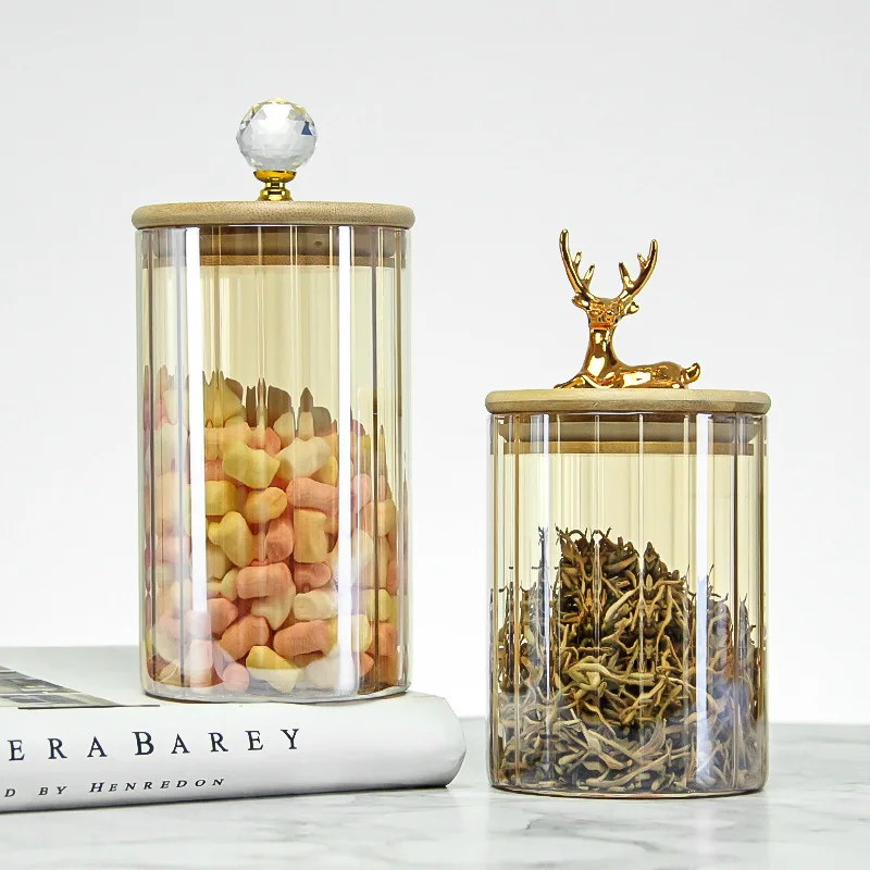 Nordic Transparent Glass Jar High Borosilicate Glass Grain Storage Jar Golden Deer Head Bamboo Cover Dried Fruit Storage Jar 2