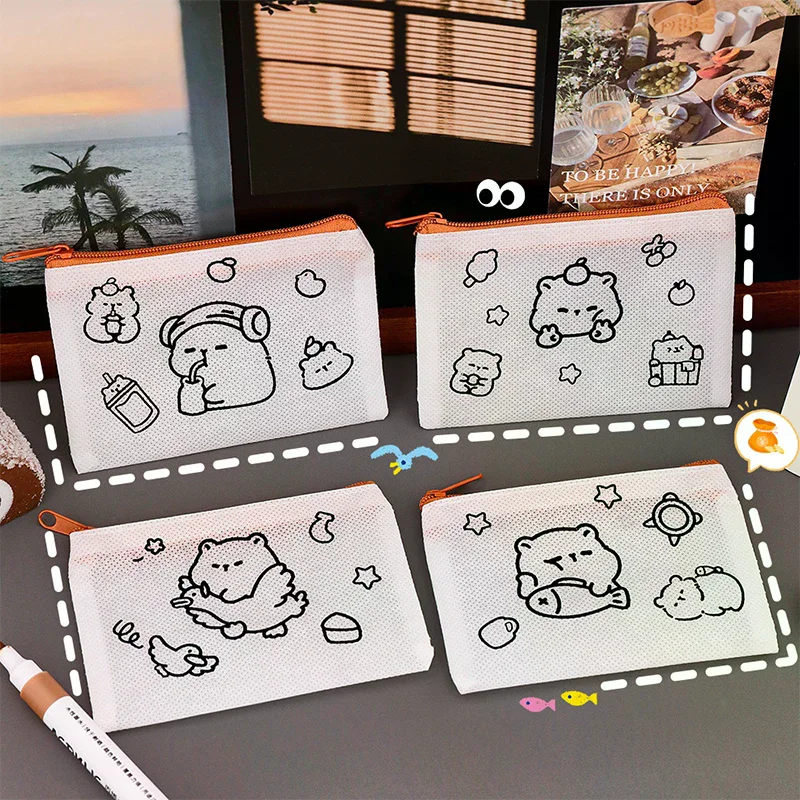 5Pcs Cute Cartoon Capybara Painting Graffiti Coin Bag Pencil Storage Bag Non-woven Painting Pen Bag Kid DIY Art Toys