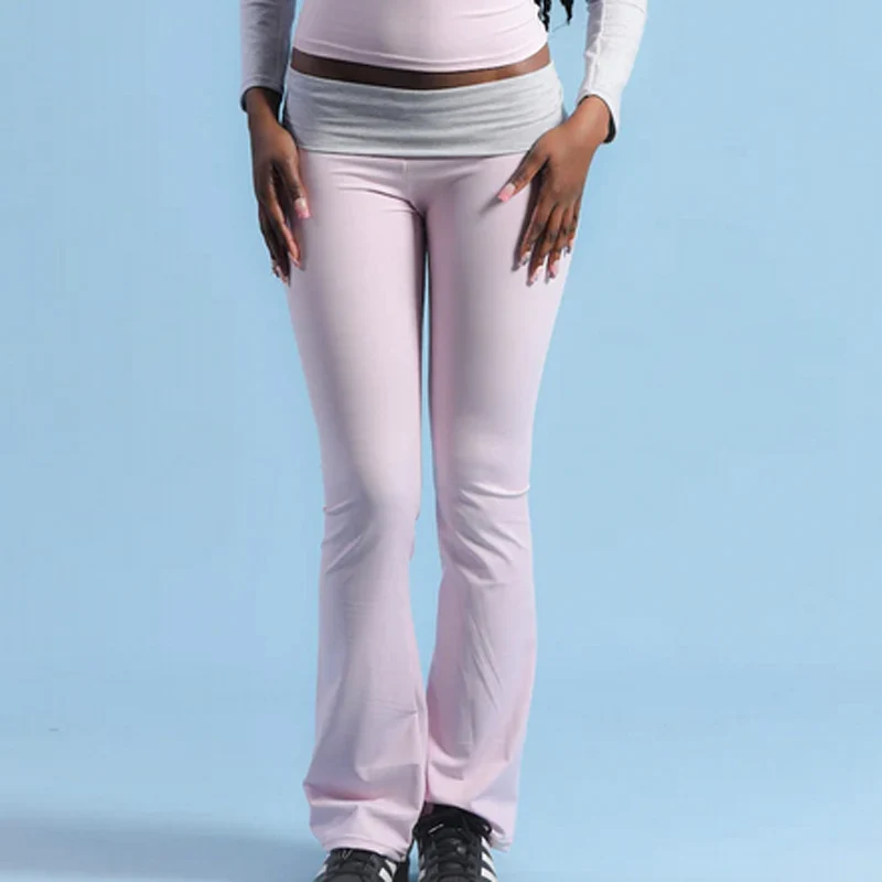 Pantalones De Yoga Acampanados Para Mujer - Cintura Plegable, Tejido Elástico De Algodón Y Poliéster, Cómodos Para Deporte Y Relax