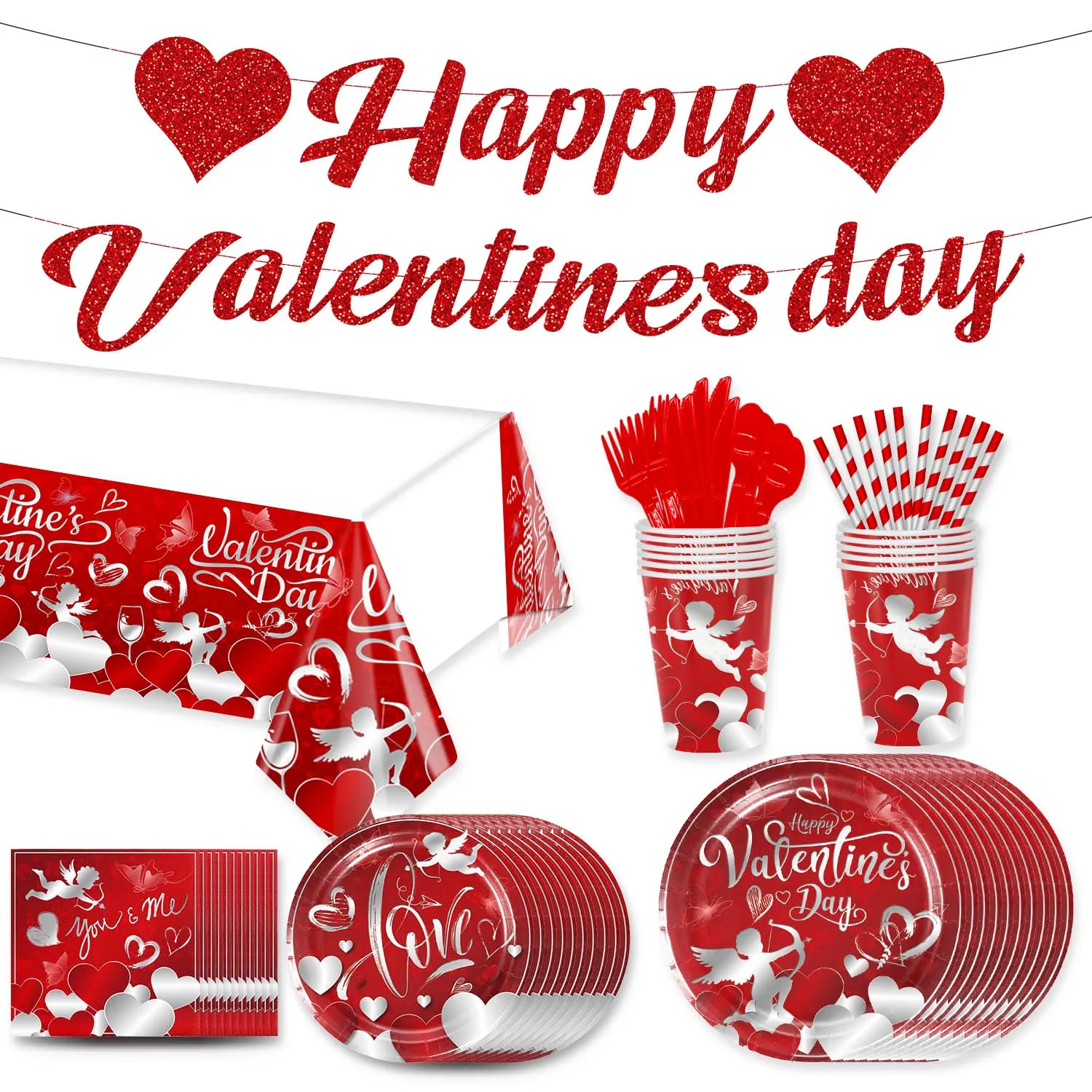 

Красный набор для Дня Святого Валентина украшение для дня рождения детская посуда для душа скатерть воздушный шар торт Топпер соломенная
