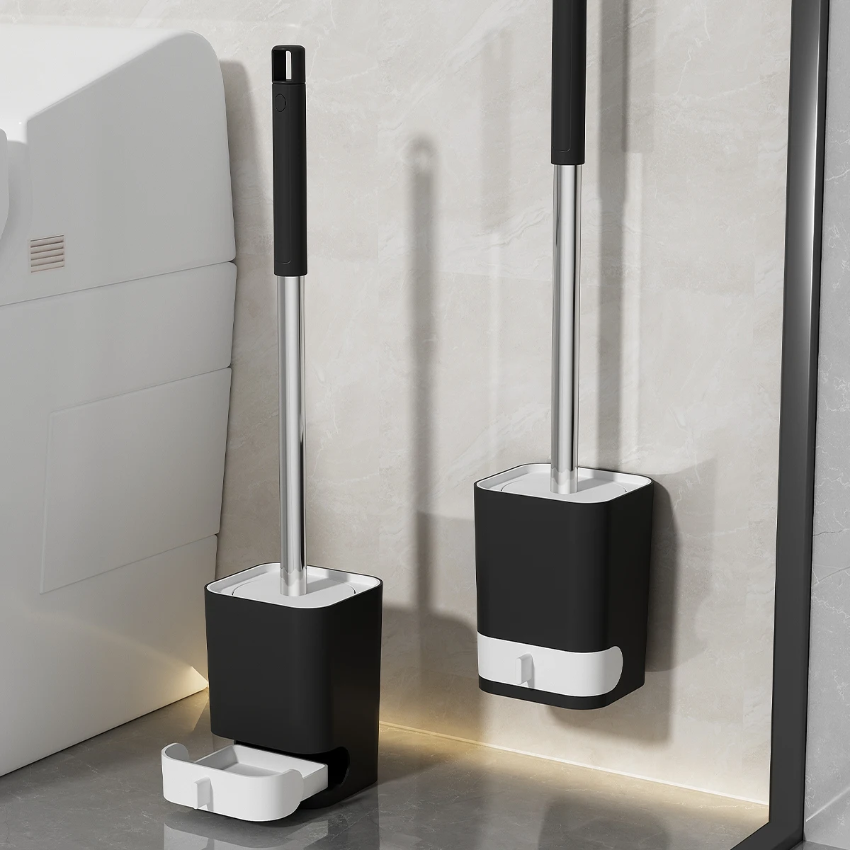 WORTHBUY 배수 받침대가 있는 긴 손잡이 플라스틱 변기 브러시, 펀치 프리 벽걸이, 화장실 변기 청소 브러시, 욕실 액세서리