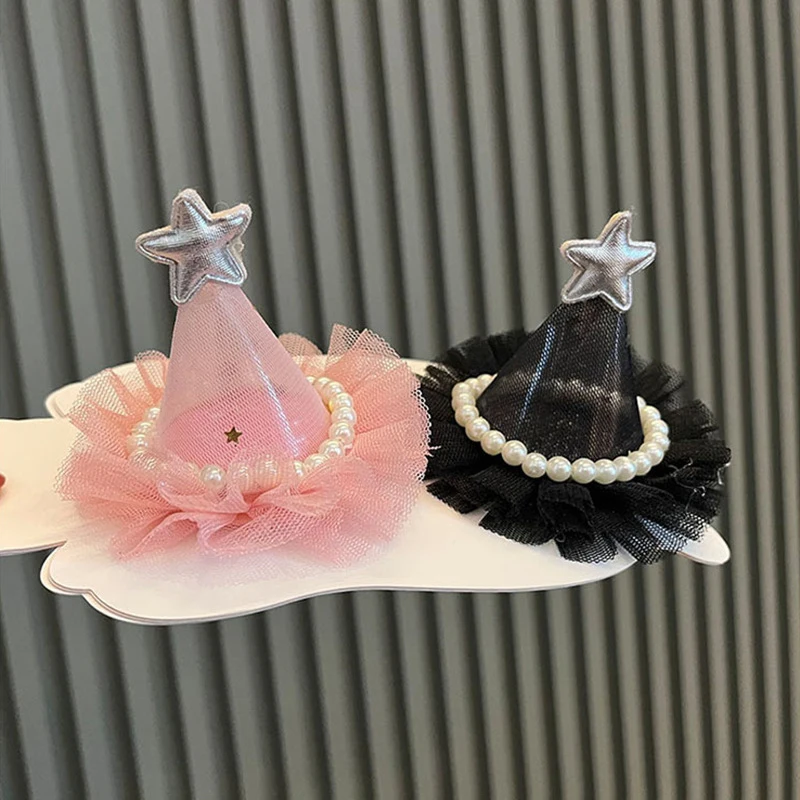 달콤하고 귀여운  머리핀, 화려한 메쉬 거즈 생일 모자, 진주 장식 여자아이 공주 바레트, 파티 사진 소품, 어린이 헤어웨어