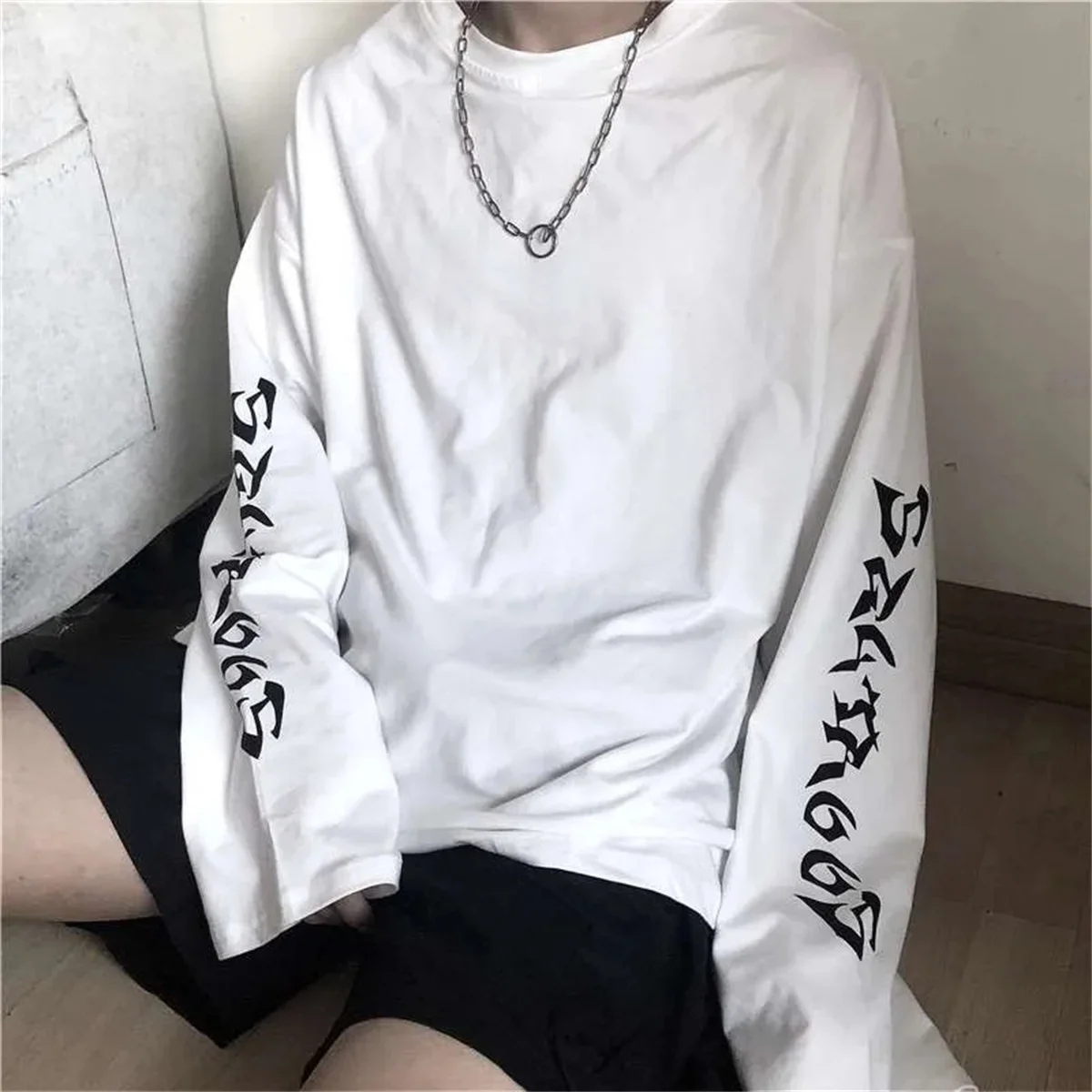 Cool 하라주쿠 Ins Tshirt 힙합 티셔츠 남성 여성 캐주얼 한국 T 셔츠 긴 소매 느슨한 Tshirt streetwear 가을 탑 남성