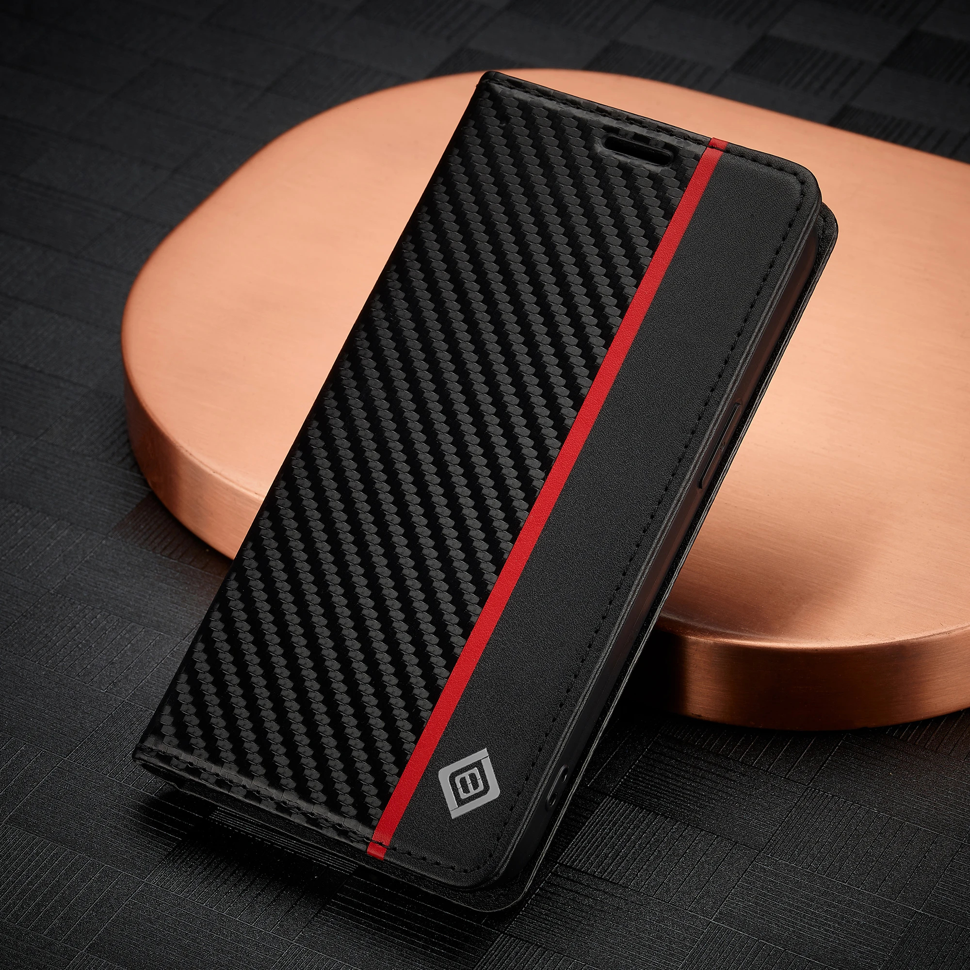 Luxury Carbon Fiber Flip PU Leather Wallet Phone Case with Card Slot Cover