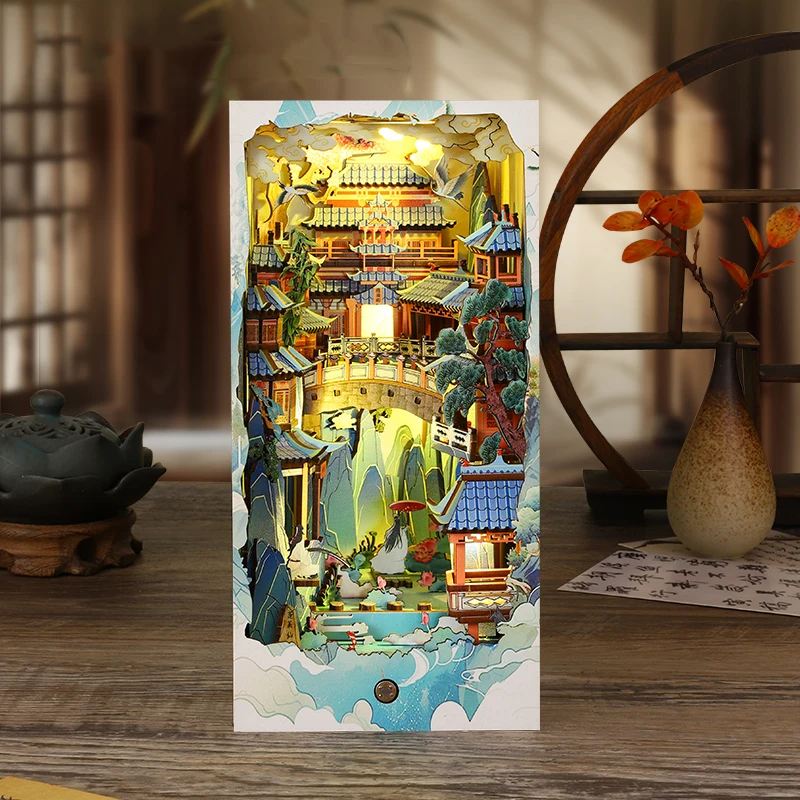 NEW DIY Book Nook Wooden Miniature Model Kit Penglai Wonderland Bookend Assembled 3D Puzzle Bookshelf Home Decor Friends Gifts 2