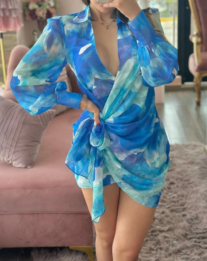 

Women Mini Dress 2024 Spring Summer Fashion Turn-Down Collar Long Sleeve Tie Dye Print Tied Detail Wrap Dress for Daily Vacation