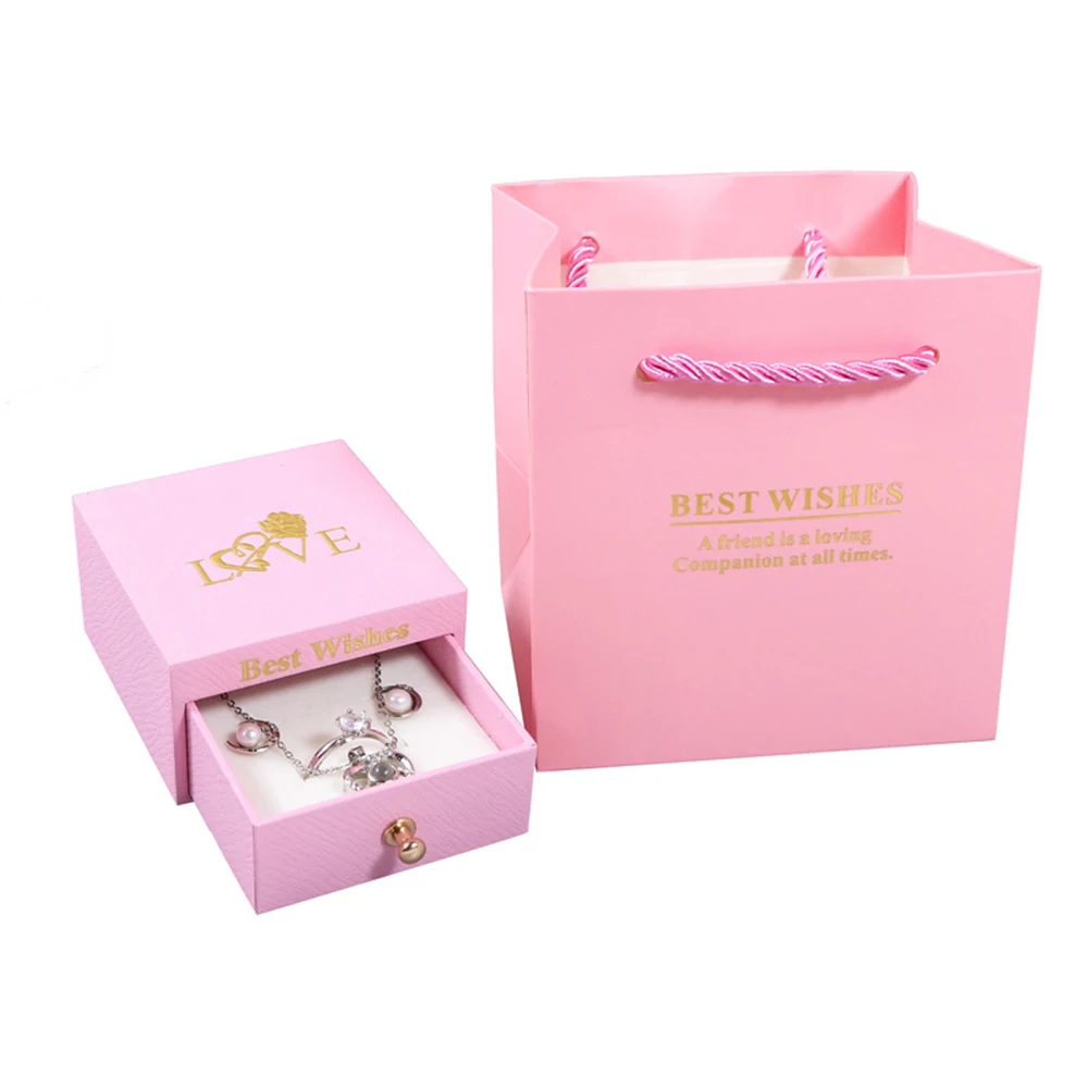 5pcs Bulk Jewelry Package Box And Paper Tote Bag Bronzing Art Best Wishes Necklace Storage Gift Drawer Box With White Sponge