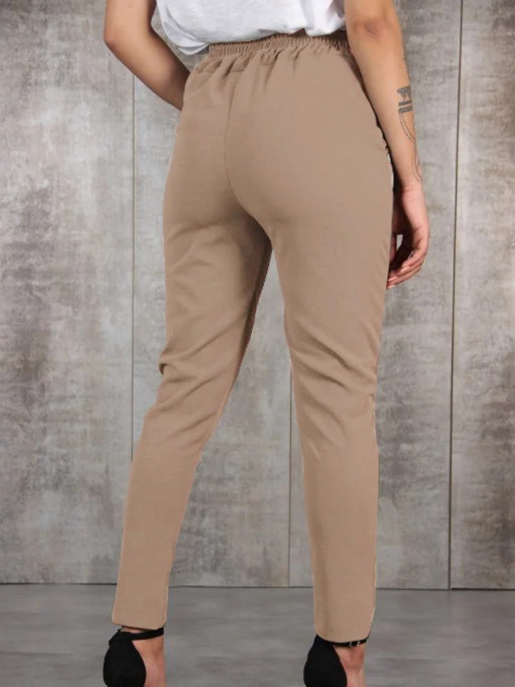 Women High Waist Slim Solid Trousers Cotton Polyester