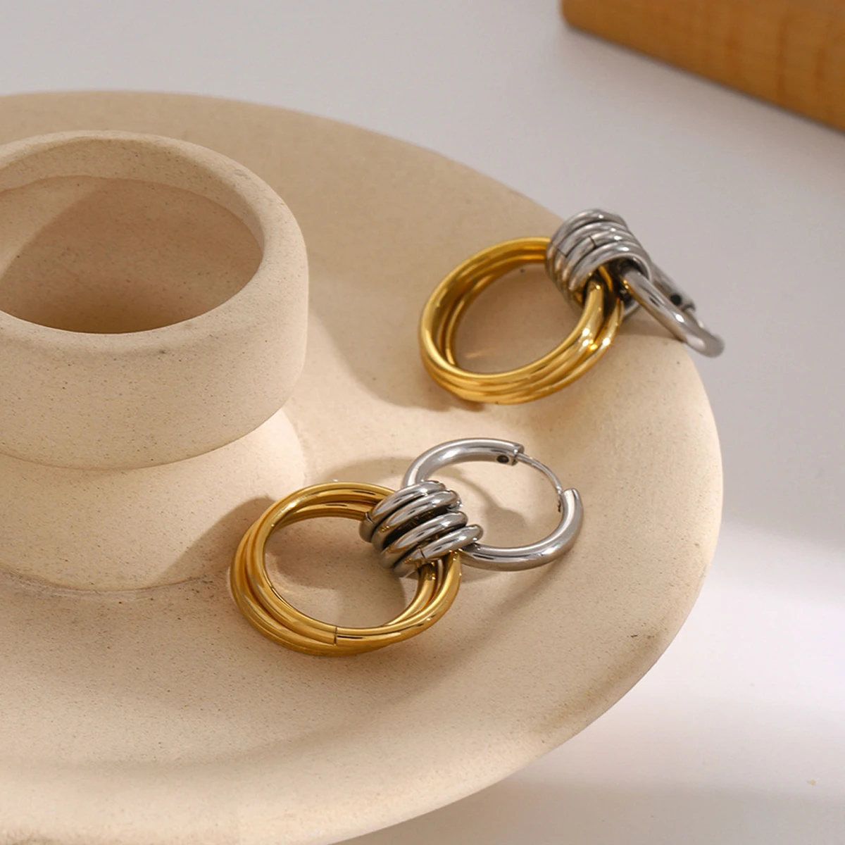 Two-color Multi Circular Ring Dangle Earrings for Women Gold&silver Mix Color Mini Circle Big Ear Hoop Huggie Vintage Jewelry