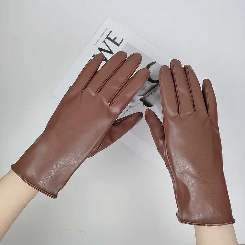 Winter Women PU Leather Plus Plush Thick Velvet Warm Driving Waterproof Glove Female Solid Sport Cycling Windproof Mitten O86