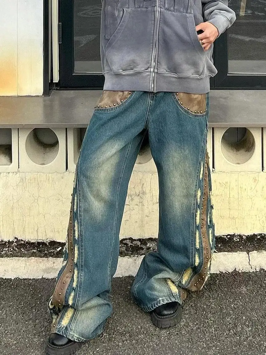 American Vintage Washed Beaded Wide Leg Jeans Fashionable High Street Straight Leg Loose Jeans Harajuku Hip Hop Y2k Trousers 2