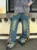 American Vintage Washed Beaded Wide Leg Jeans Fashionable High Street Straight Leg Loose Jeans Harajuku Hip Hop Y2k Trousers 2