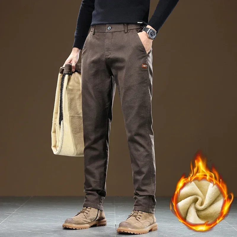 

2023 Men's Winter Velvet Thickened Casual Pants Fashion Slim Straight Elastic Brand Warm Trousers Classic Coffee Black Gray