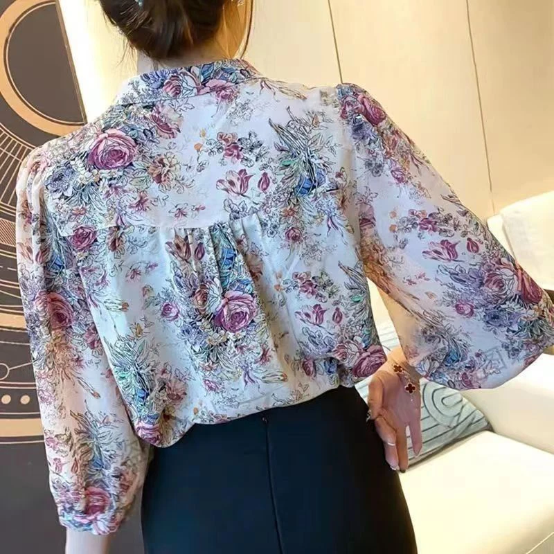 Vintage Elegant Women's Chiffon Shirt O-Neck Lantern Sleeve Printed Top Casual Office Lady trend Slim Shirts and Blouses French