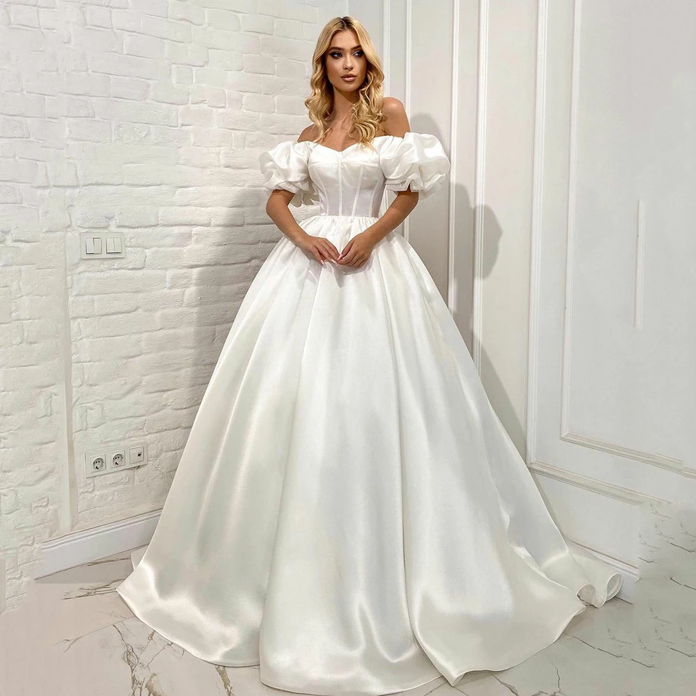 

UZN Modern BallGown Wedding Dresses V-Neck Off The Shoulder Puffy Sleeves Bridal Gowns Satin Wedding Gown 2023 Robes De Mariée