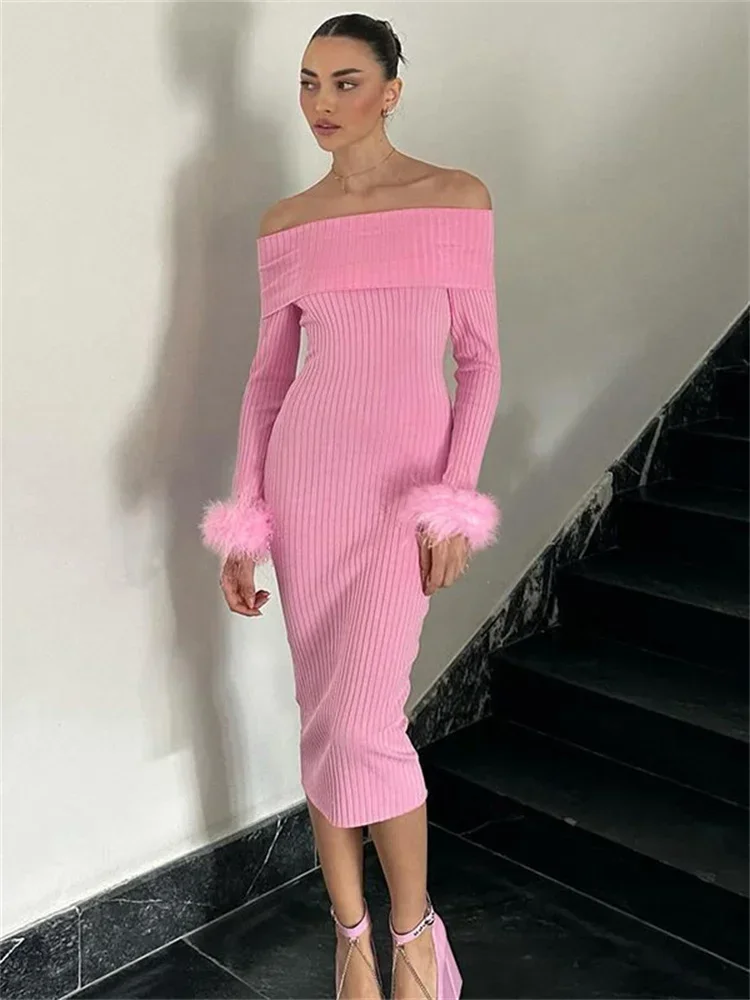 

Off-Shoulder Ribbed Fluffy Maxi Dress Women's Slim Long Sleeve Elegant Patchwork Loose Party Dress Solid Backless Dress