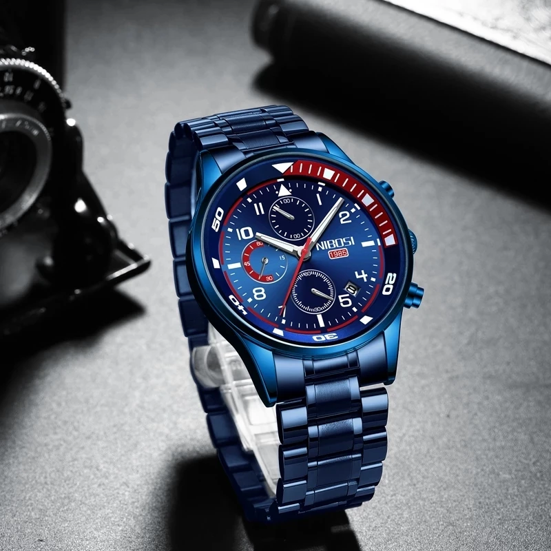 NIBOSI Luxury Chronograph Quartz Watch for Men Stainless Steel Sport Waterproof Luminous Fashion Mens Watches Relogio Masculino