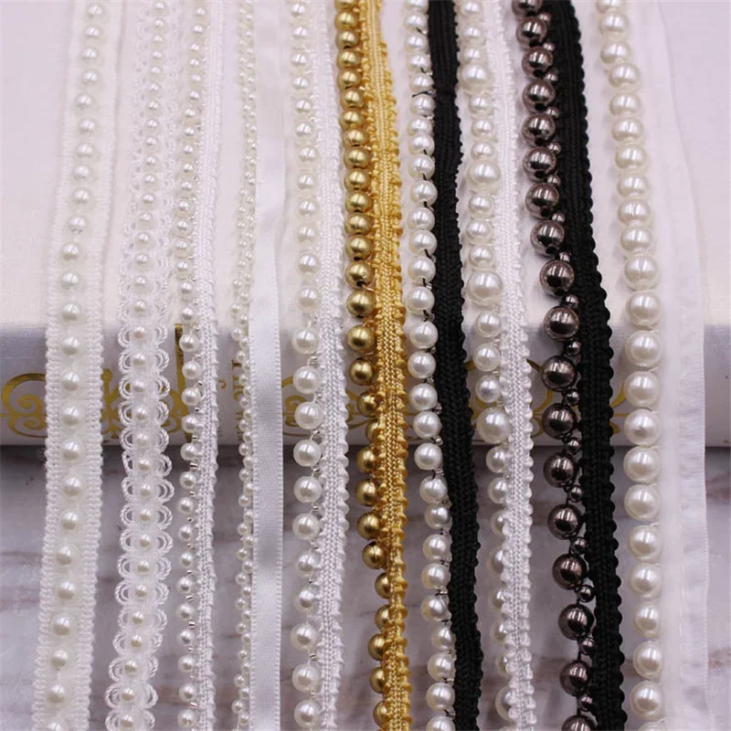 1 yards/lot white/black Pearl Beaded Lace Trim Tape Fabric Lace Ribbon Collar Dress Sewing Supplies Garment Headdress materials