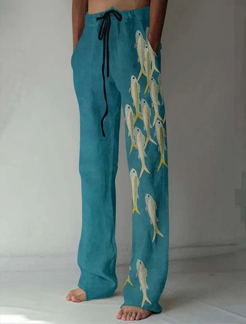 Summer men's trousers 3D printed pink cherry blossom pattern slim casual trousers Comfortable casual men's straight trousers