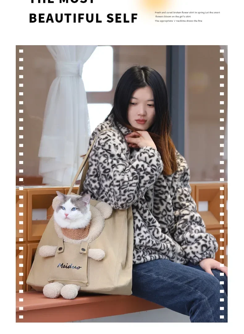 Pet Backpack Shoulder Bag Cute Teddy Bear Canvas Outdoor Cat Bag with Exposed Cat Portable Small Dog