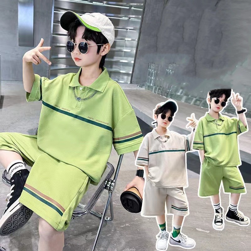 Summer Boys Cotton Loose Alphabet Stripes T-Shirt Tops+Shorts Pant Sets School Kids 2PCS Tracksuit Children Outfits 3-16 Years