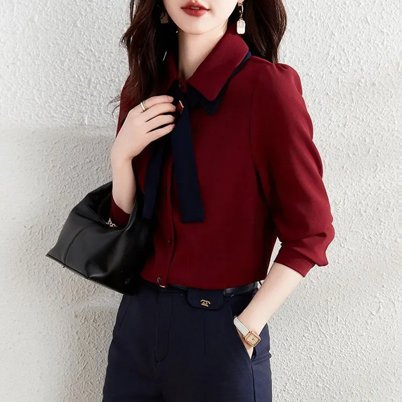 Fashion Casual Basic Shirt Solid Color Women's Clothing Turn-down Collar Spring Autumn Spliced Bow Single-breasted Loose Blouse