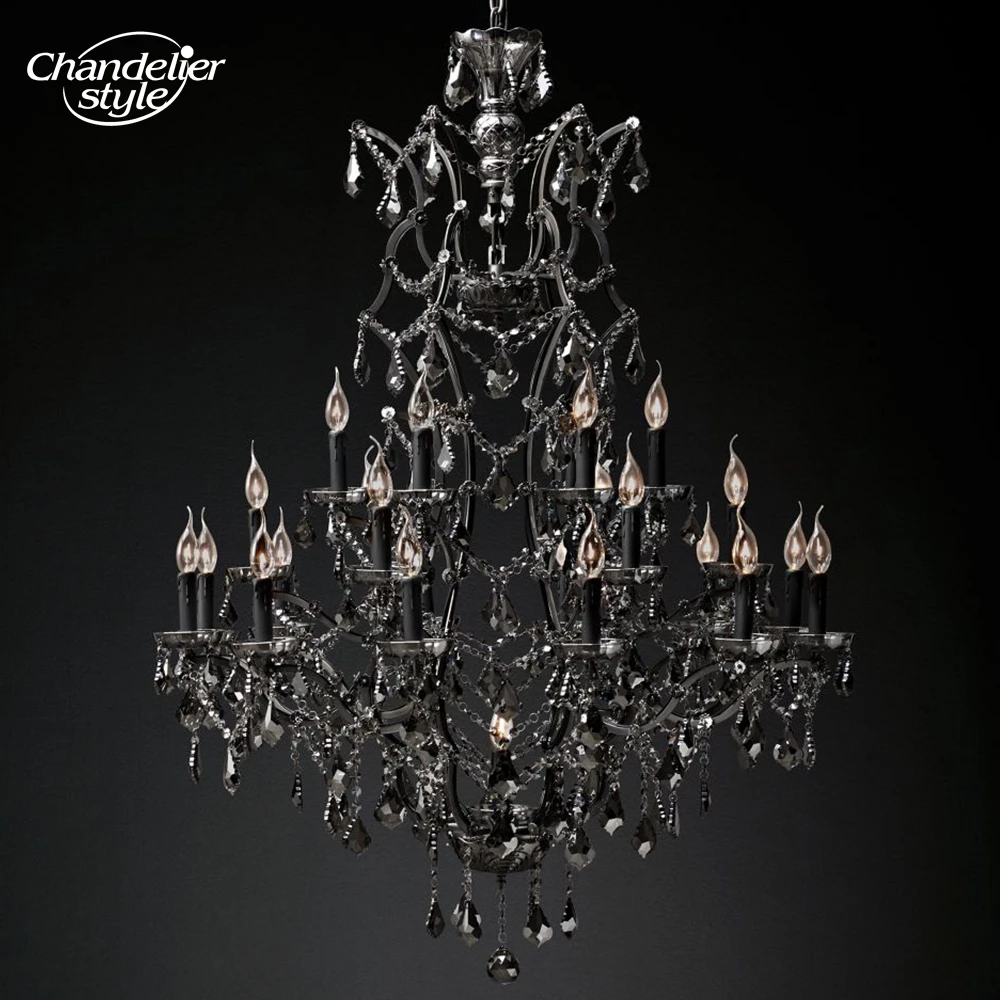 19th C. Rococo Iron & Smoke Crystal Chandeliers Retro LED Candle Rustic Black Lamps Dining Room Living Room Bedroom Lights Decor