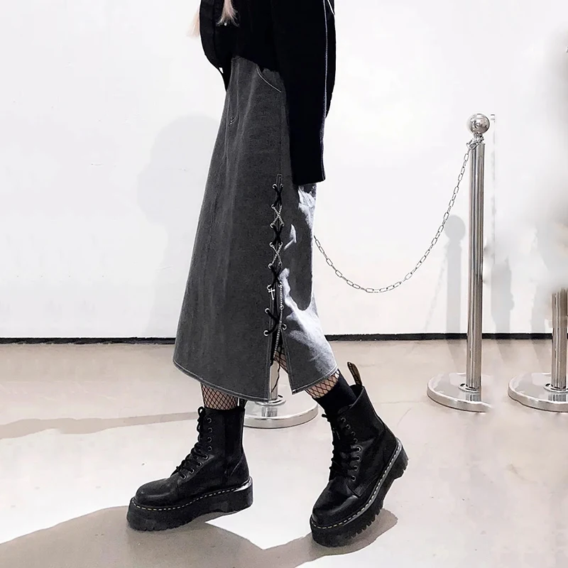 

Denim Jeans Skirt Vintage Gray Woman Y2K Streetwear Lace Up Design Side Split Korean Chic High Wiast Long Women Skirts Falda