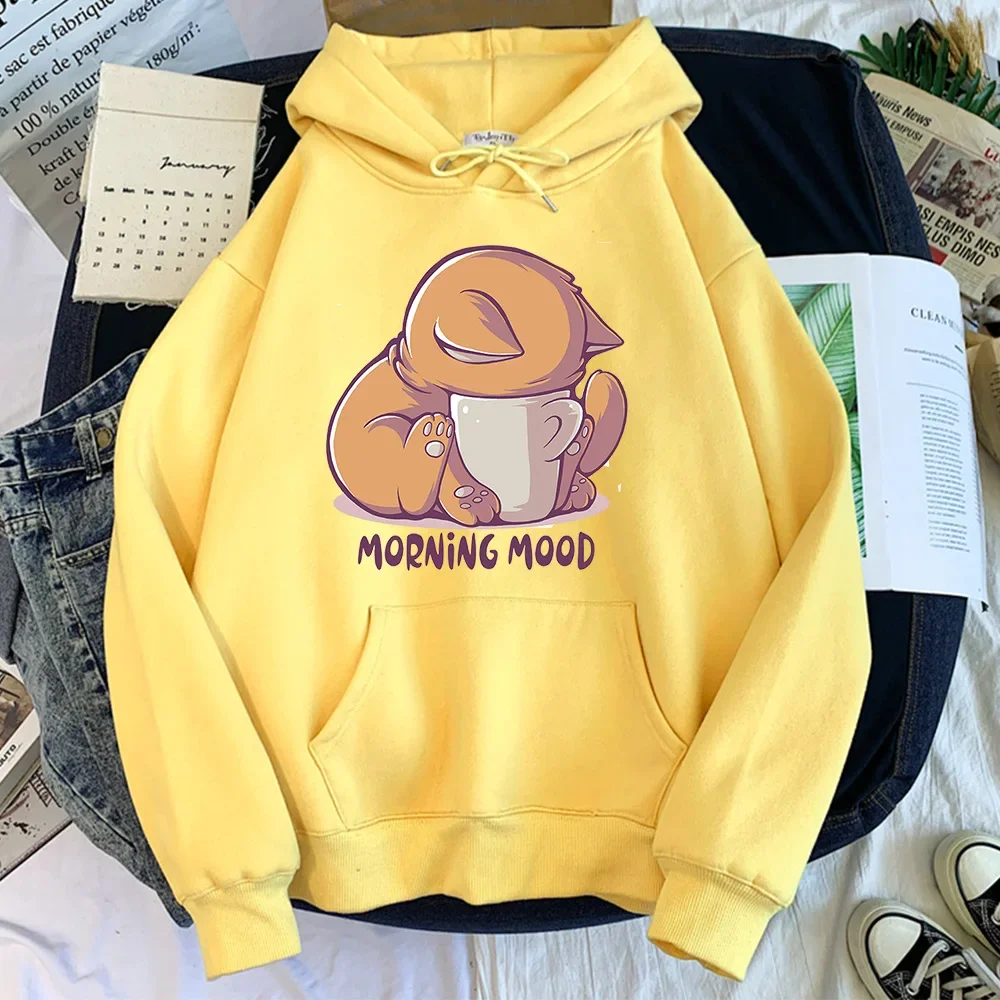 Cute Fox Printed Hooded Sweatshirts Women Plush Loose Casual Pullovers Big Pockets Autumn Winter Cartoon Hoodies Cartoon Coats
