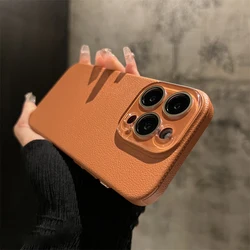 Luxurious Lychee Textured Leather Case with Crystal Glass Lens Protection - iPhone 14 (Dark Brown)