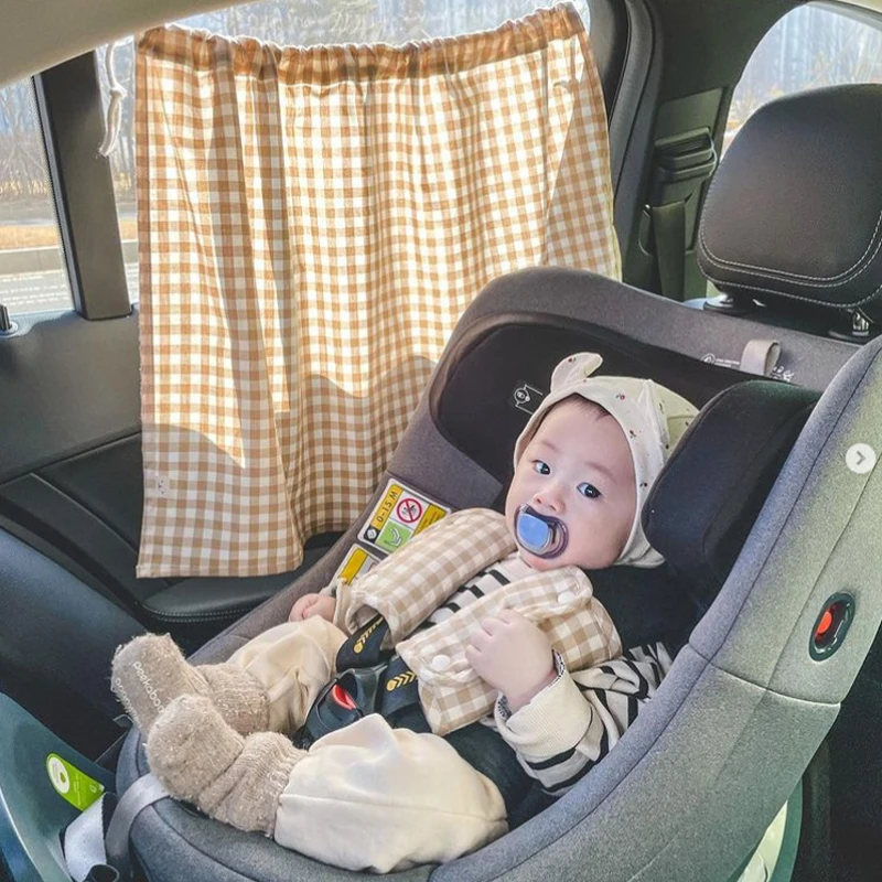 INS Kawaii Baby Car Curtain Embroidered Plaid Bear Children Sun Protection Sunshade Window Curtain UV Protection For Kid