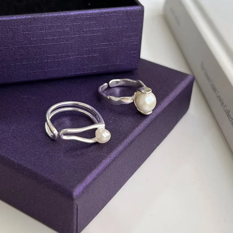 

925 Silver Hollow Lines Pearl Rings for Women Girls Wedding Engagement Trendy Party Ring Fine Jewelry Handmade Accessories Gifts