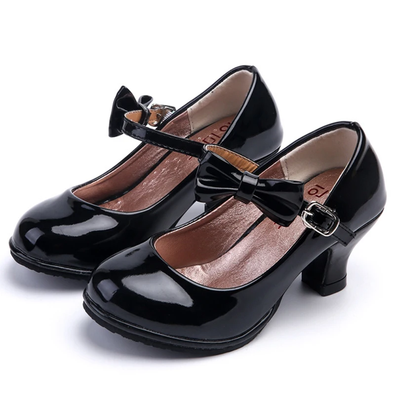 

Однотонные розовые, черные, красные туфли на высоком каблуке для девочек, детские туфли принцессы, туфли для девочек с бантом, без застежки, вечерние танцевальные сандалии для девочек, детские