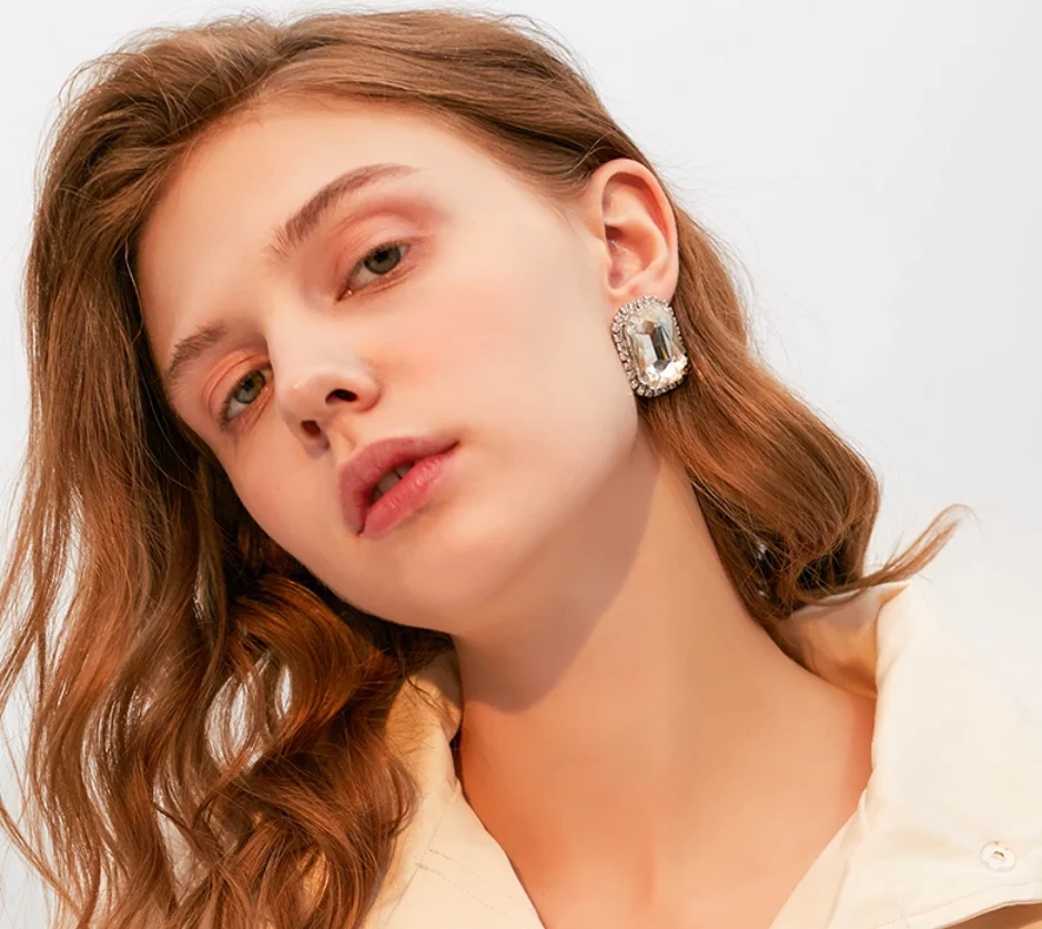 925 silver simple shiny square artificial crystal wedding bride Earrings for women Fashion Jewelry