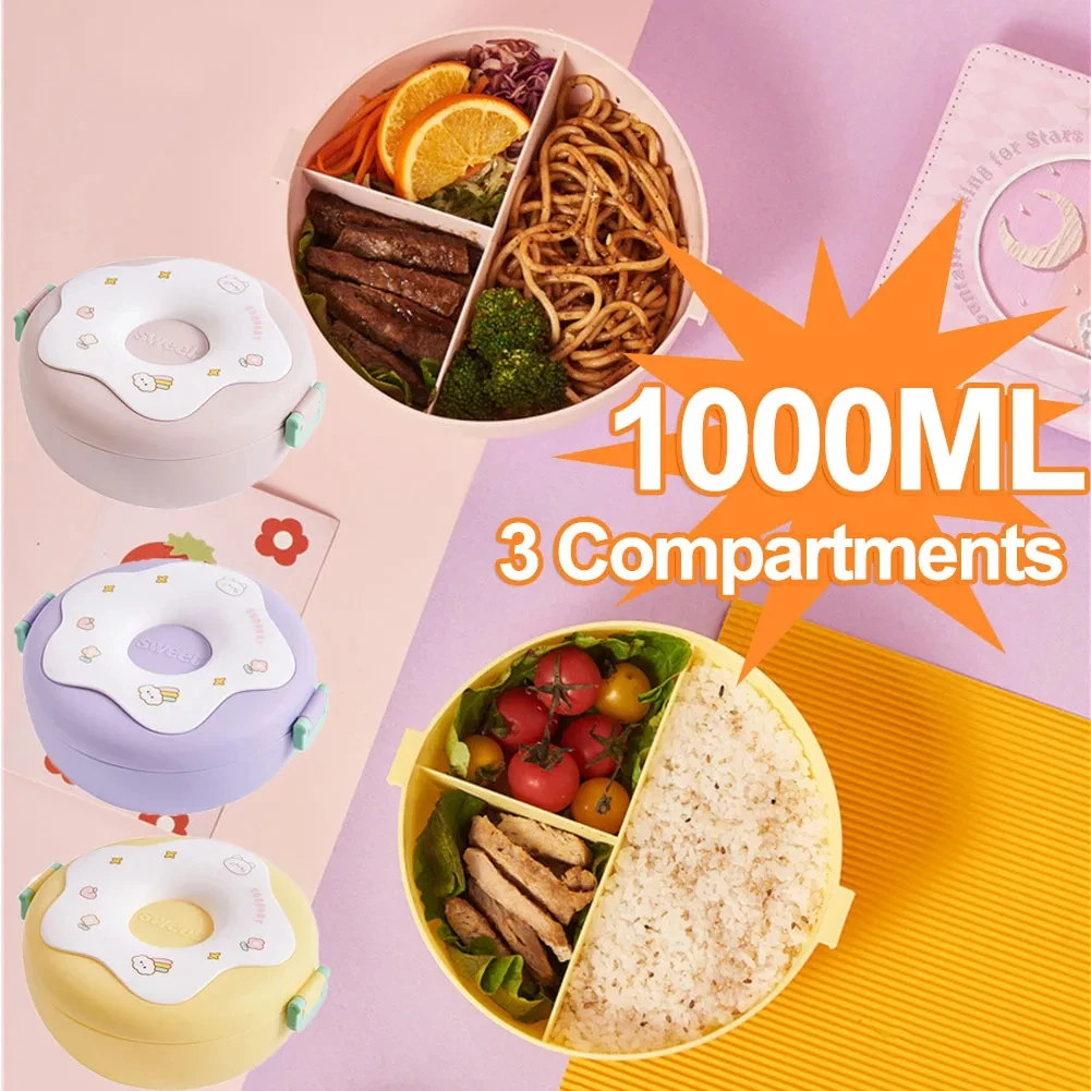 Lunch Box For Kid School Child Snack Box Donut Cartoon Leakproof Bento Box Lunch Bags With Fork Spoon 3 Compartment Microwavable - 2