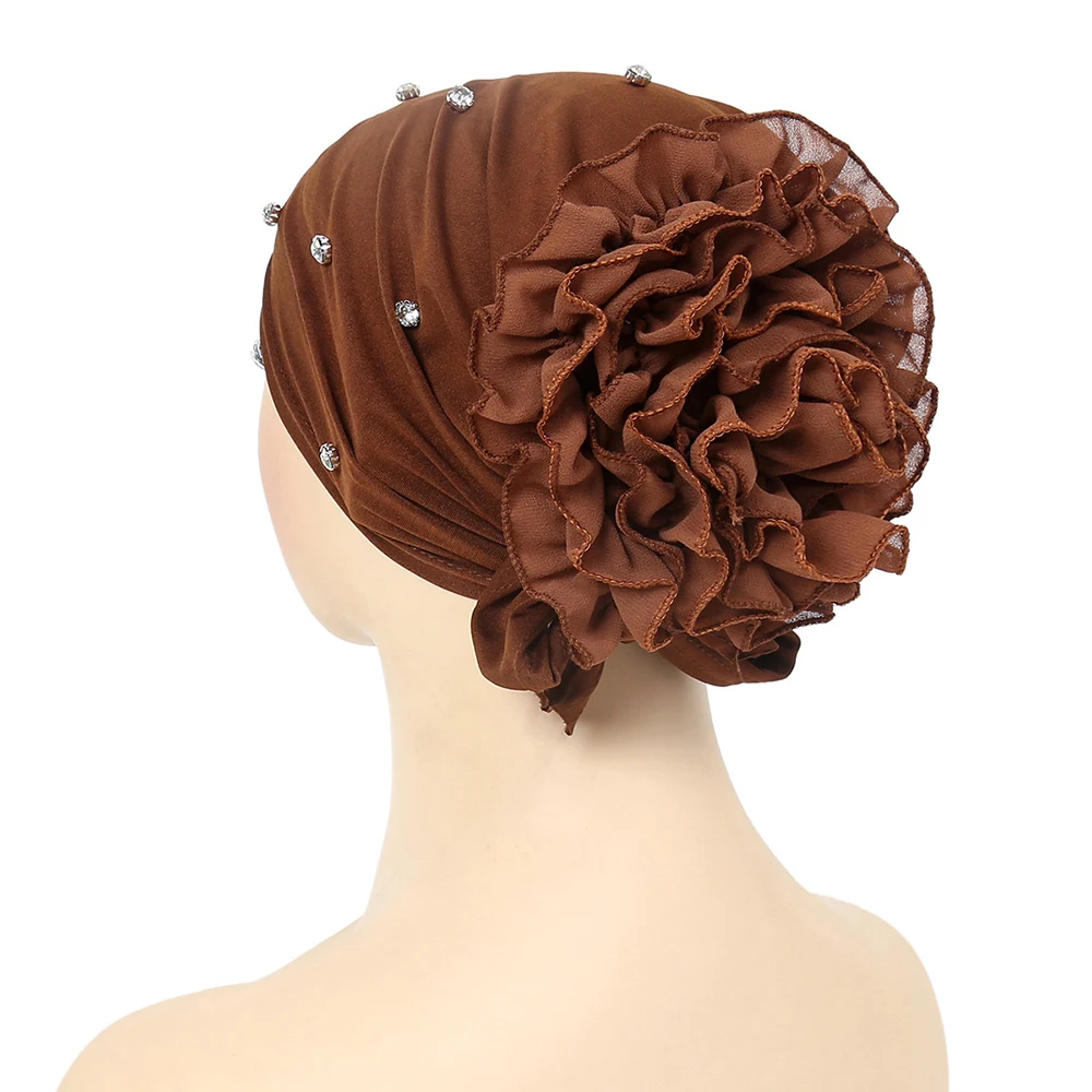 

Rhinestone Muslim Headflower Woman Chiffon Head Wrap Solid Color Muslim Headscarf Comfortable Dished Flower Hat Turban Hat