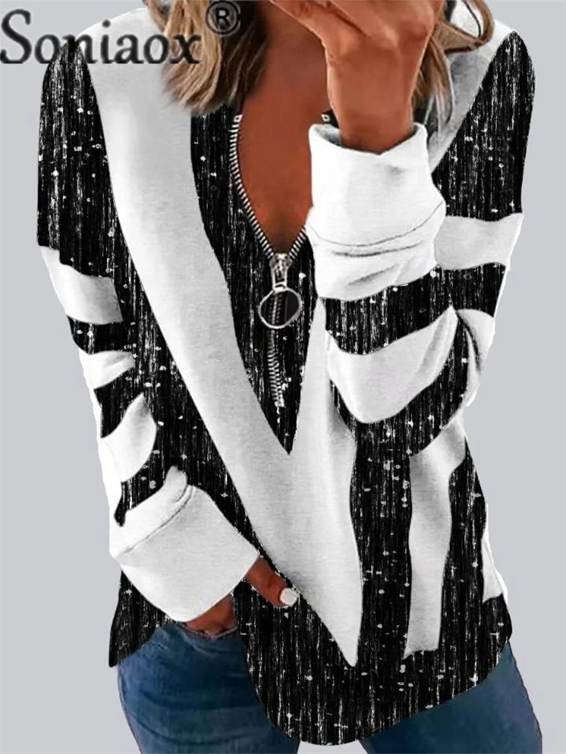 Women's Casual V Neck Zipper Splicing Sweatshirt Autumn Digital Print Long Sleeves Loose Pullover Tops Female Hoodie Streetwear