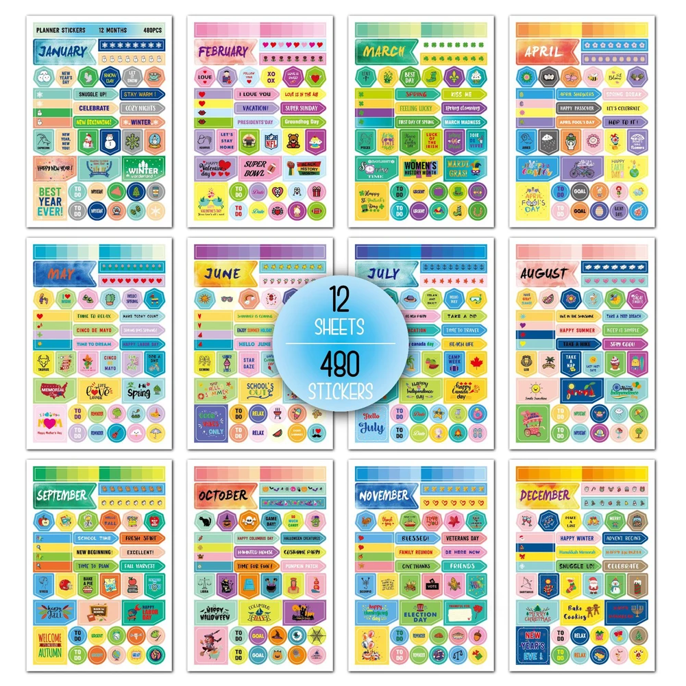 Decorative Stickers 12sheets Funny Monthly Planner Index Self Adhesive