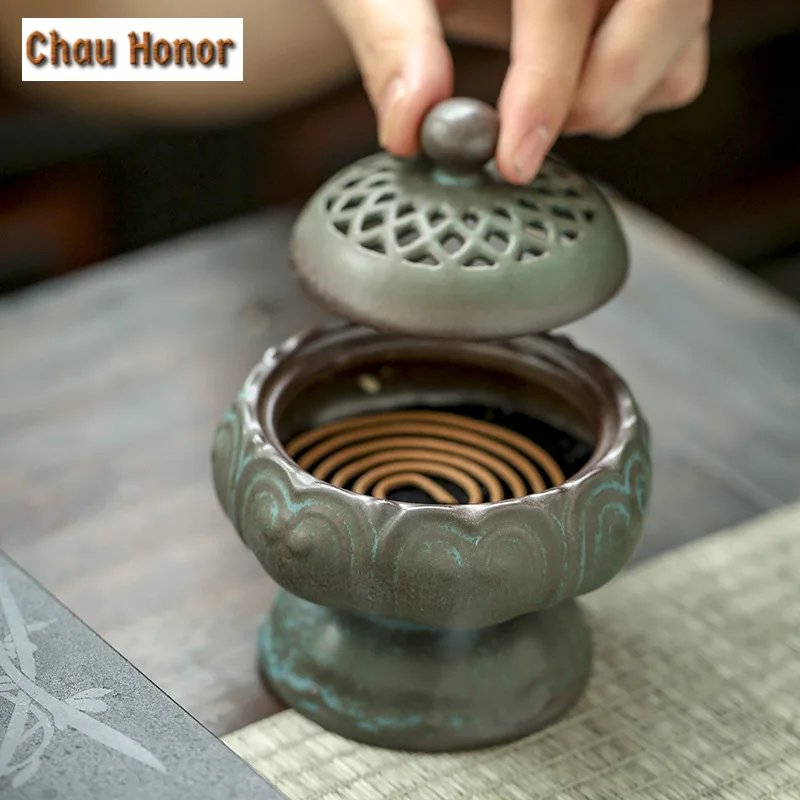 Zen Lotus Agarwood Ceramic Incense Burner Home Indoor Air Purification Furnace Antique Sandalwood Plate Burner Decoration Crafts