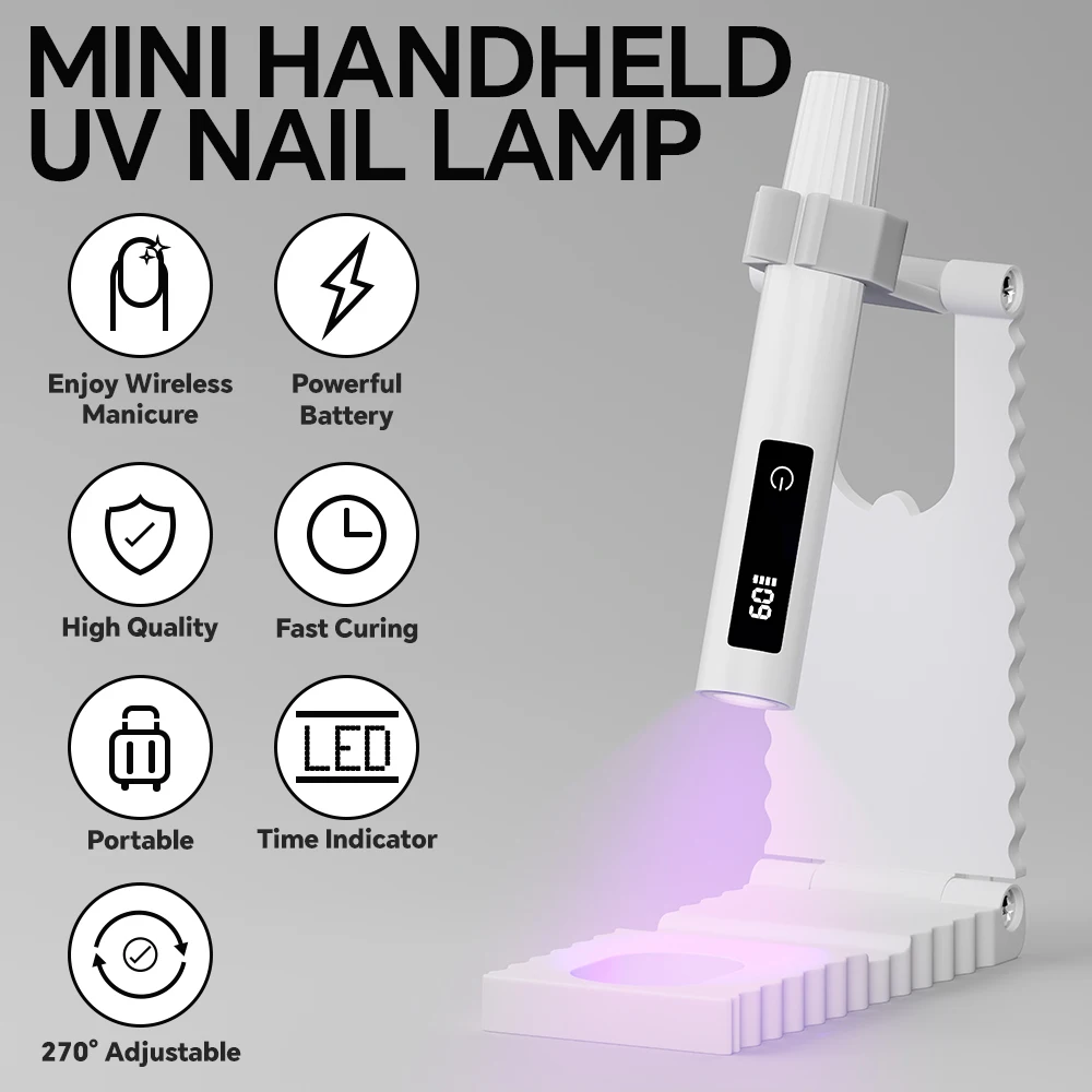 Portable UV Nail Light Handheld Nail Lamp with Timer, Adjustable Stand and LED Indicator, Rechargeable Nail Dryer for Nails Art