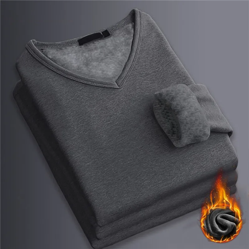 

Men's Thermal Long-sleeved Winter Thermal Underwear Plus Velvet Padded T-shirt Slim Solid Color V-Neck Bottoming Shirt