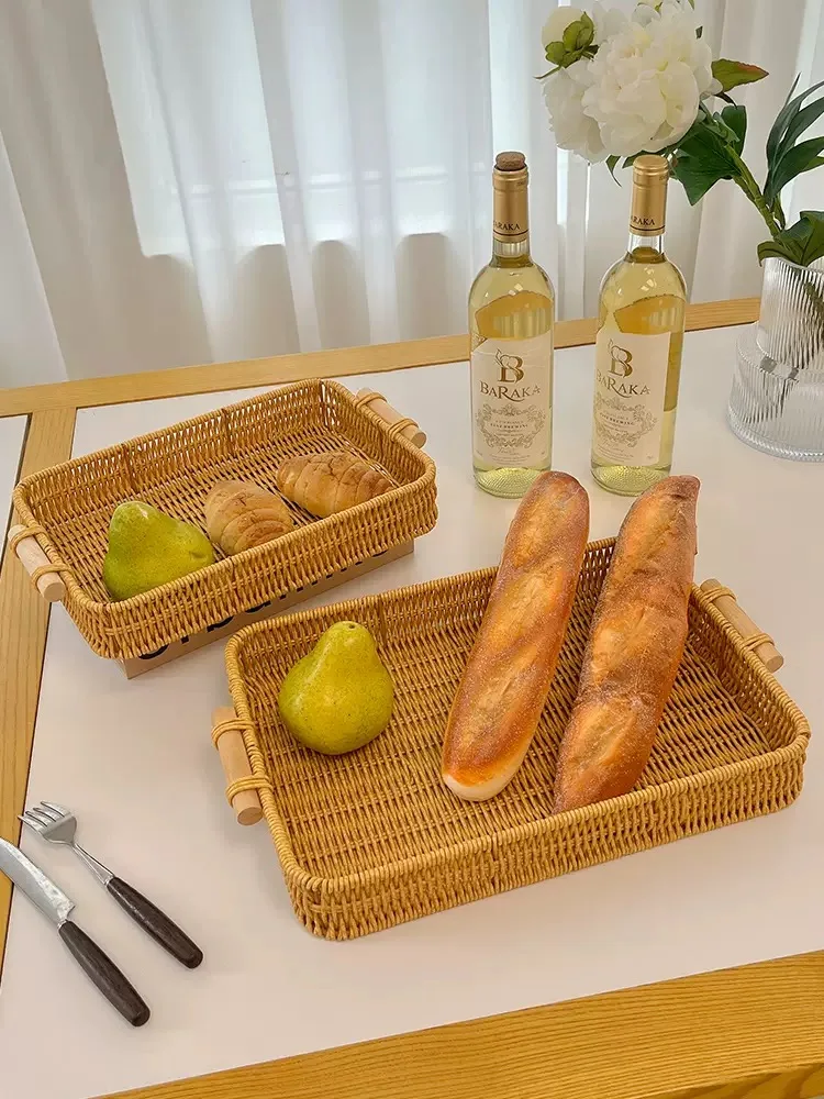 Creative Handmade Woven Rattan Storage Tray Square Wicker Basket Wooden Handle Bread Food Tray Fruit Cake Platter 2