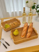 Creative Handmade Woven Rattan Storage Tray Square Wicker Basket Wooden Handle Bread Food Tray Fruit Cake Platter 2
