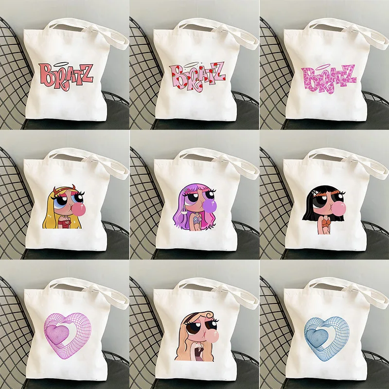 Y2K 애니메이션 러브 프린트 여성용 핸드백, 캔버스 캐주얼 숄더백 – 대용량 에코 휴대용 여행 쇼핑백