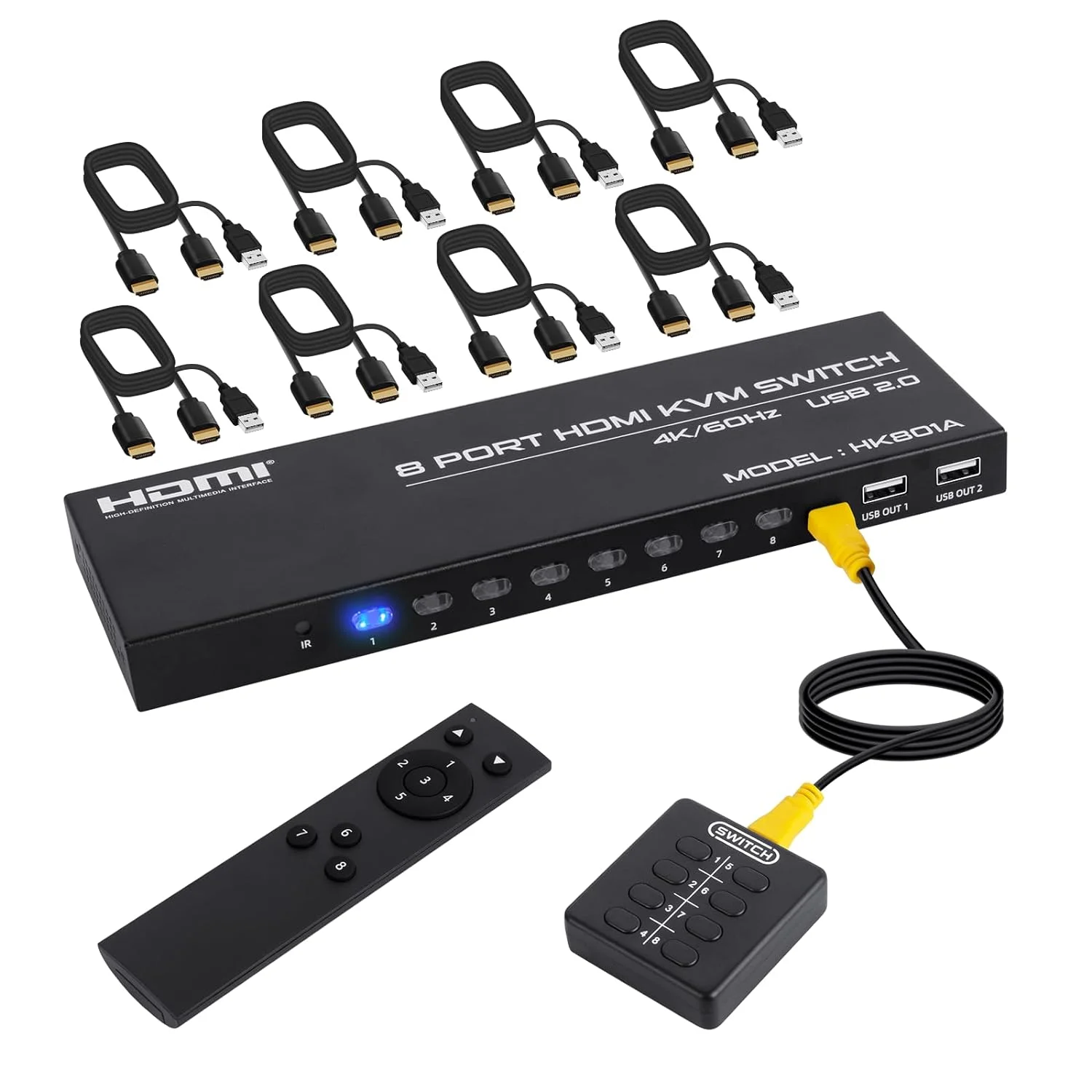 HK801A New Invention Usb2.0 Selector 8In 1Out 3840X2160P@60Hz Kvm Switch Usb Hdmi 8 Port Kvm Switch